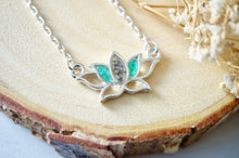 Real Pressed Flowers and Resin Necklace Silver Lotus Flower in Teal and Deep Purple