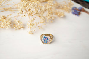 Real Pressed Flower and Resin Hexagon Gold Ring in Blue Purple Mint