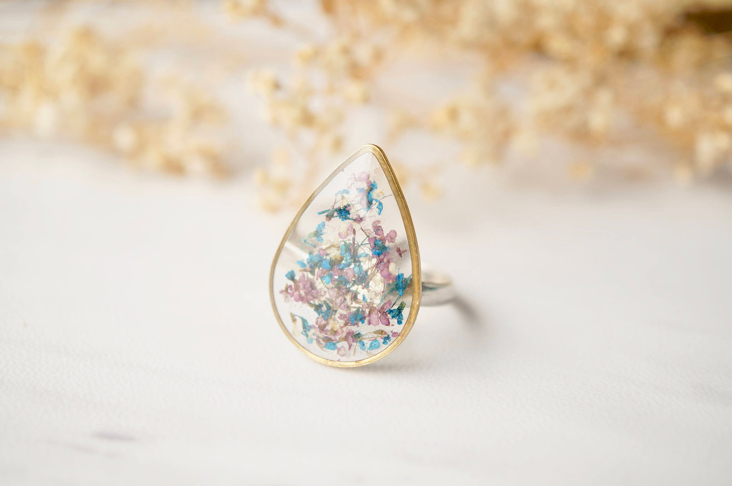 Real Pressed Flower and Resin Ring in Purple and Blue