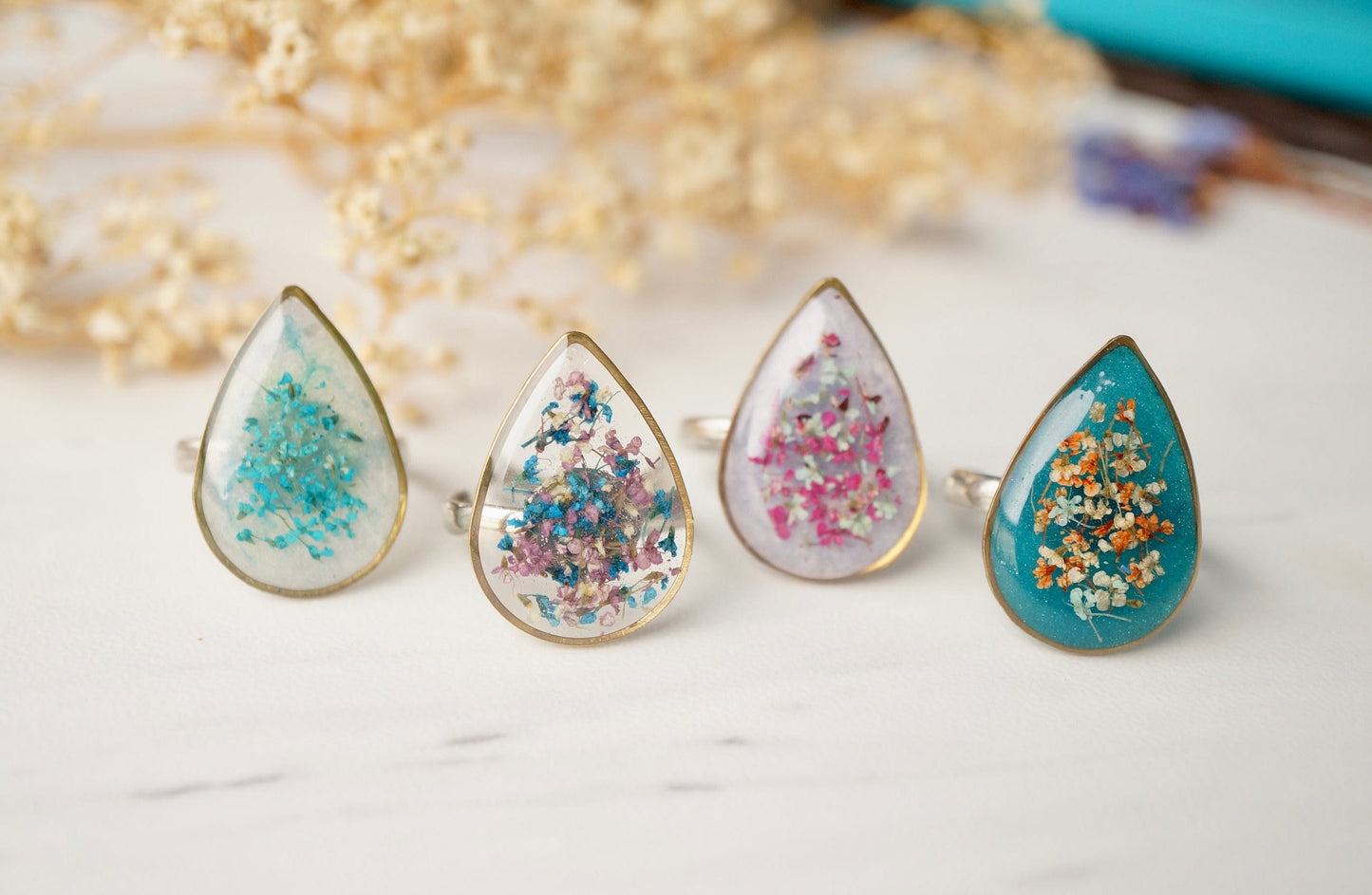 Real Pressed Flower and Resin Ring in Purple and Blue