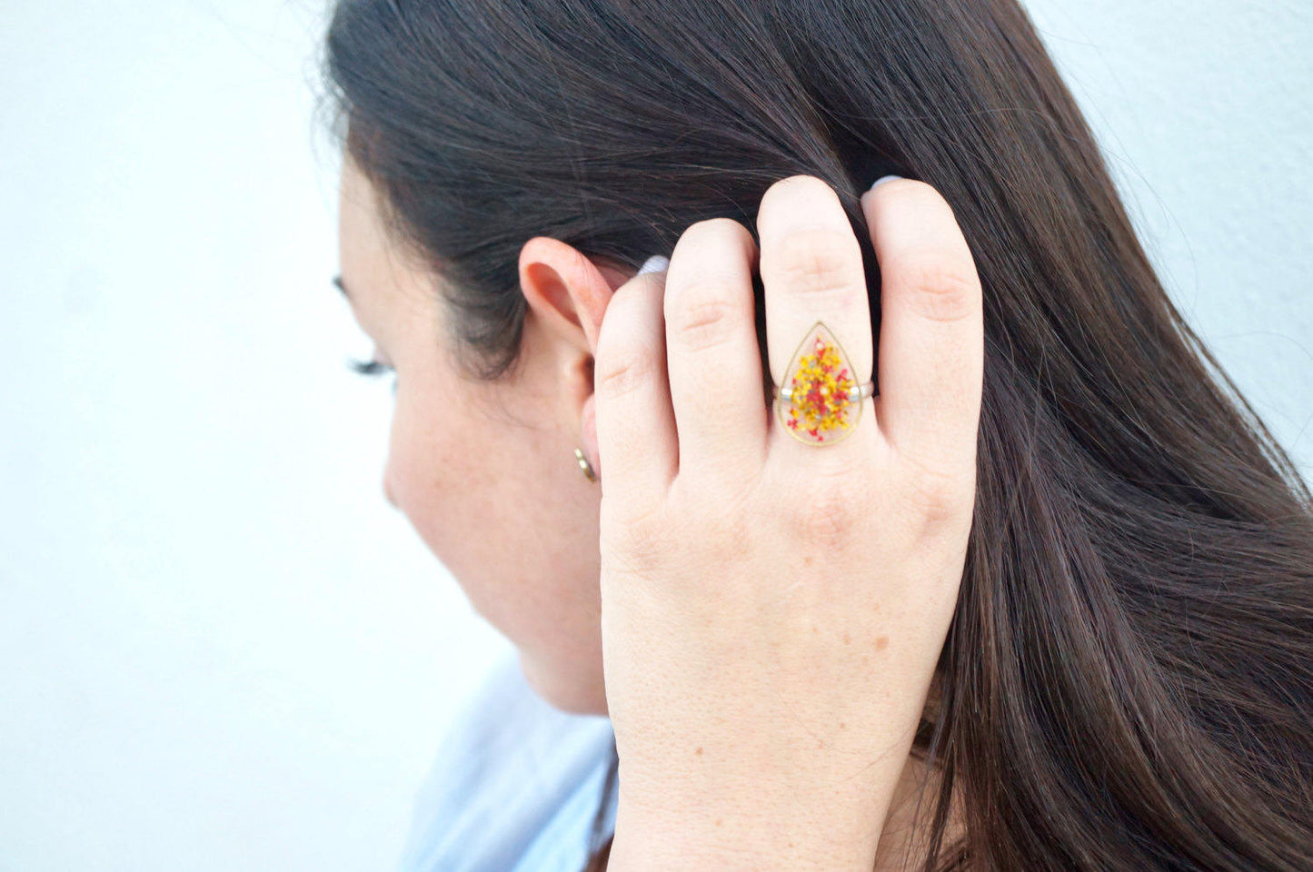 Real Pressed Flower and Resin Ring, Gold Teardrop in Teal and Blue