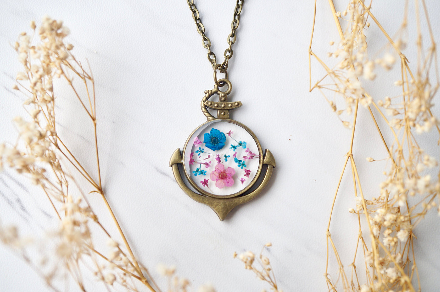 Real Dried Flowers in Resin Anchor Necklace in Pink and Blue