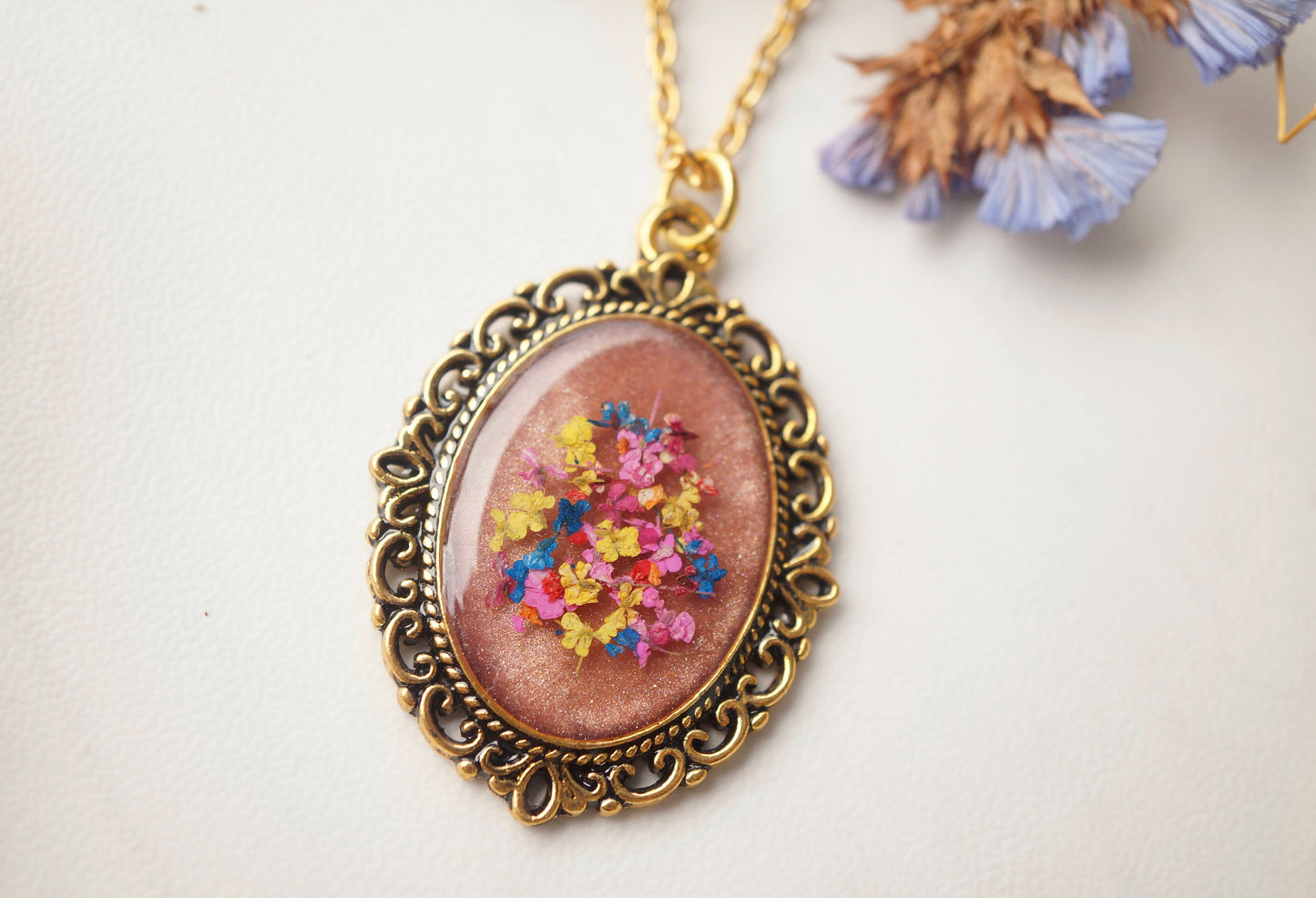 Real Pressed Flower and Resin Gold Necklace, Rose Gold in Pink Yellow Blue Red