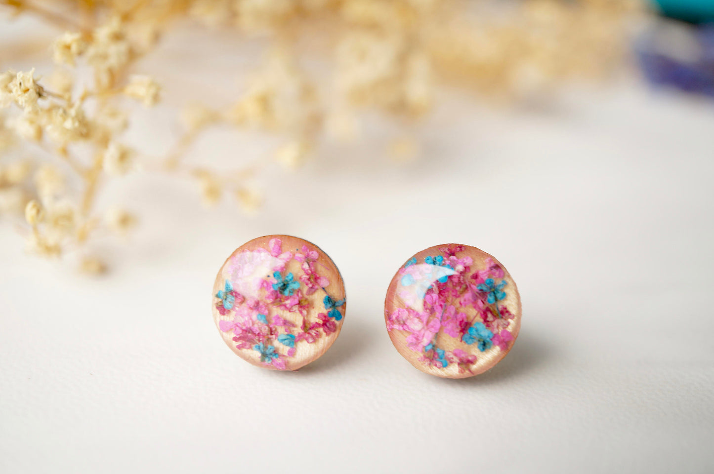 Real Dried Flowers and Resin on Wood Stud Earrings in Pink and Blue