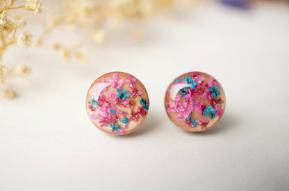 Real Dried Flowers and Resin on Wood Stud Earrings in Pink and Blue