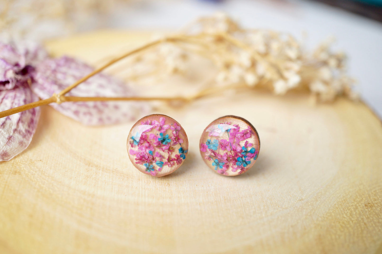 Real Dried Flowers and Resin on Wood Stud Earrings in Pink and Blue