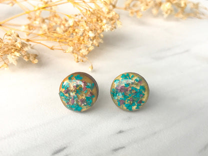 Real Dried Flowers and Resin on Wood Stud Earrings in Pink and Blue