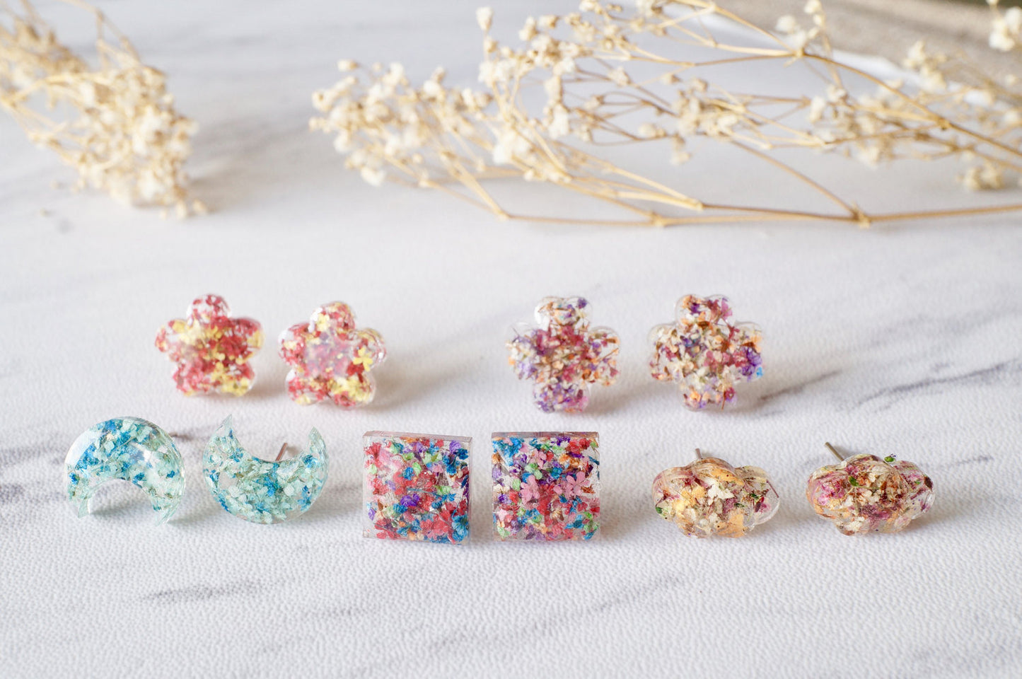 Real Dried Flowers and Resin on Wood Stud Earrings in Pink and Blue