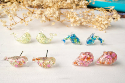 Real Dried Flowers and Resin Whale Stud Earrings in Yellow and Mint