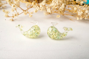 Real Dried Flowers and Resin Whale Stud Earrings in Yellow and Mint