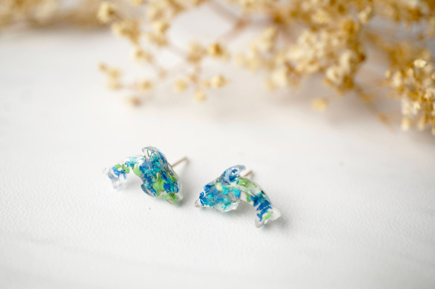 Real Dried Flowers and Resin Dolphin Stud Earrings in Greens and Blues