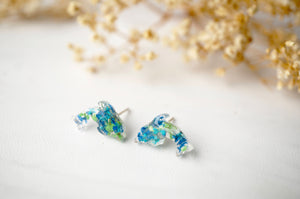 Real Dried Flowers and Resin Dolphin Stud Earrings in Greens and Blues