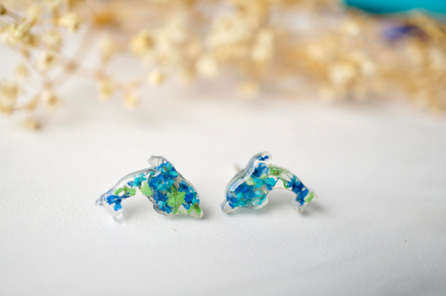 Real Dried Flowers and Resin Dolphin Stud Earrings in Greens and Blues