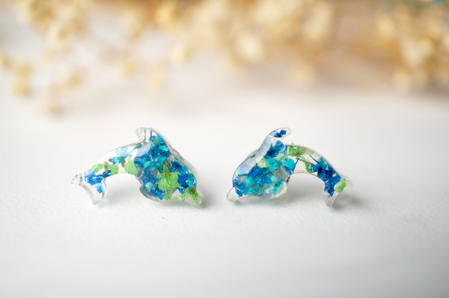 Real Dried Flowers and Resin Dolphin Stud Earrings in Greens and Blues