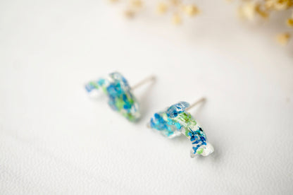 Real Dried Flowers and Resin Dolphin Stud Earrings in Greens and Blues