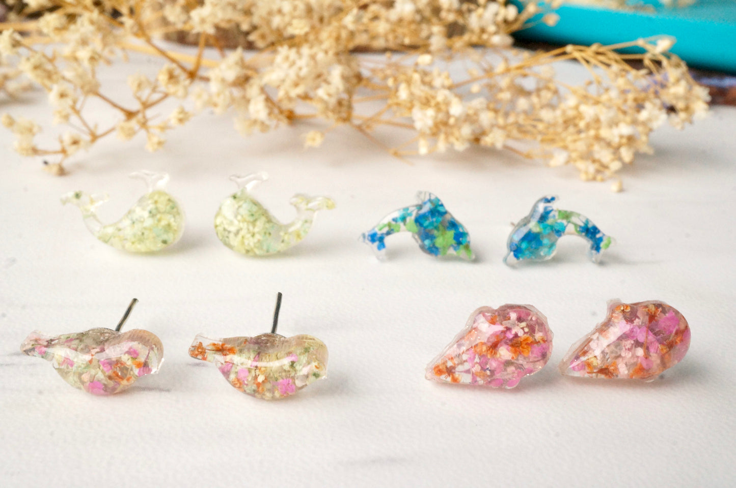 Real Dried Flowers and Resin Dolphin Stud Earrings in Greens and Blues