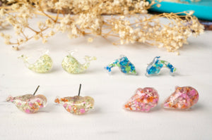Real Dried Flowers and Resin Dolphin Stud Earrings in Greens and Blues