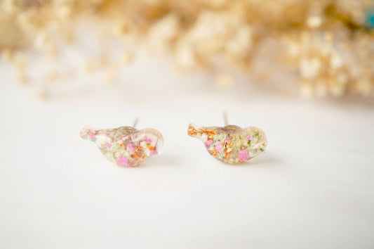 Real Dried Flowers and Resin Bird Stud Earrings in Pink White Orange Green