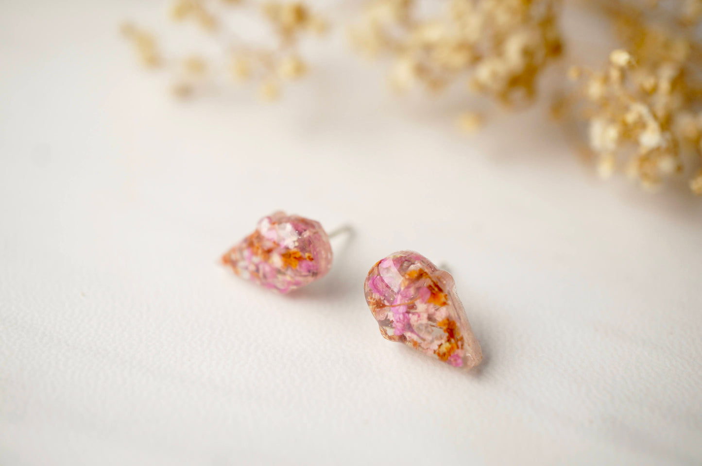 Real Dried Flowers and Resin Ice Cream Cone Earrings in Pinks and Orange