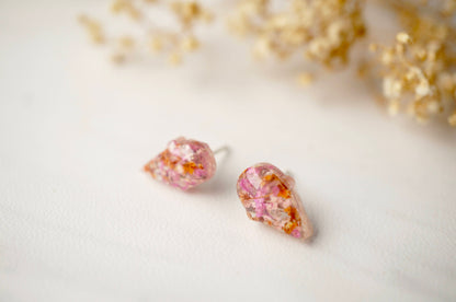 Real Dried Flowers and Resin Ice Cream Cone Earrings in Pinks and Orange