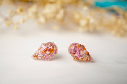 Real Dried Flowers and Resin Ice Cream Cone Earrings in Pinks and Orange