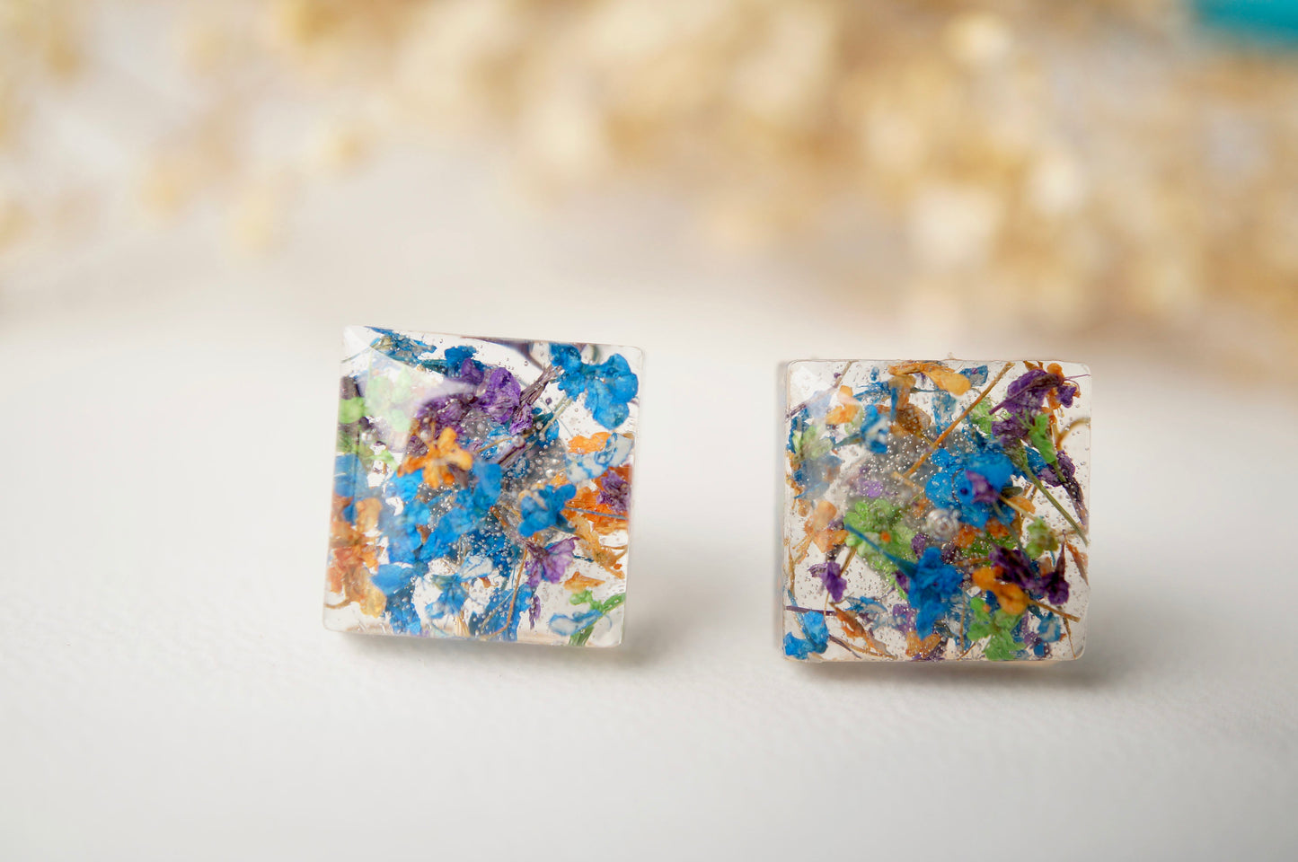 Real Dried Flowers and Resin Square Stud Earrings in Blue Mix