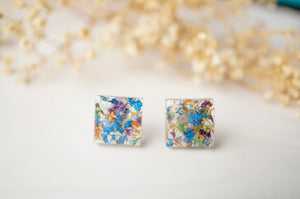 Real Dried Flowers and Resin Square Stud Earrings in Blue Mix
