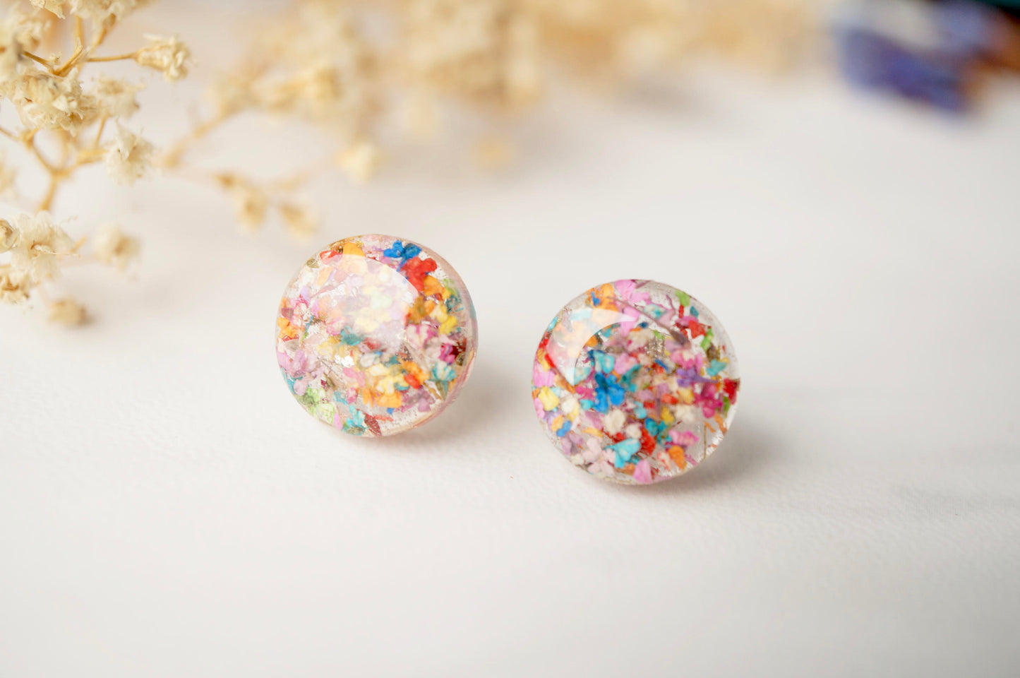 Real Dried Flowers and Resin Circle Stud Earrings in Party Mix