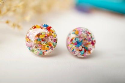 Real Dried Flowers and Resin Circle Stud Earrings in Party Mix