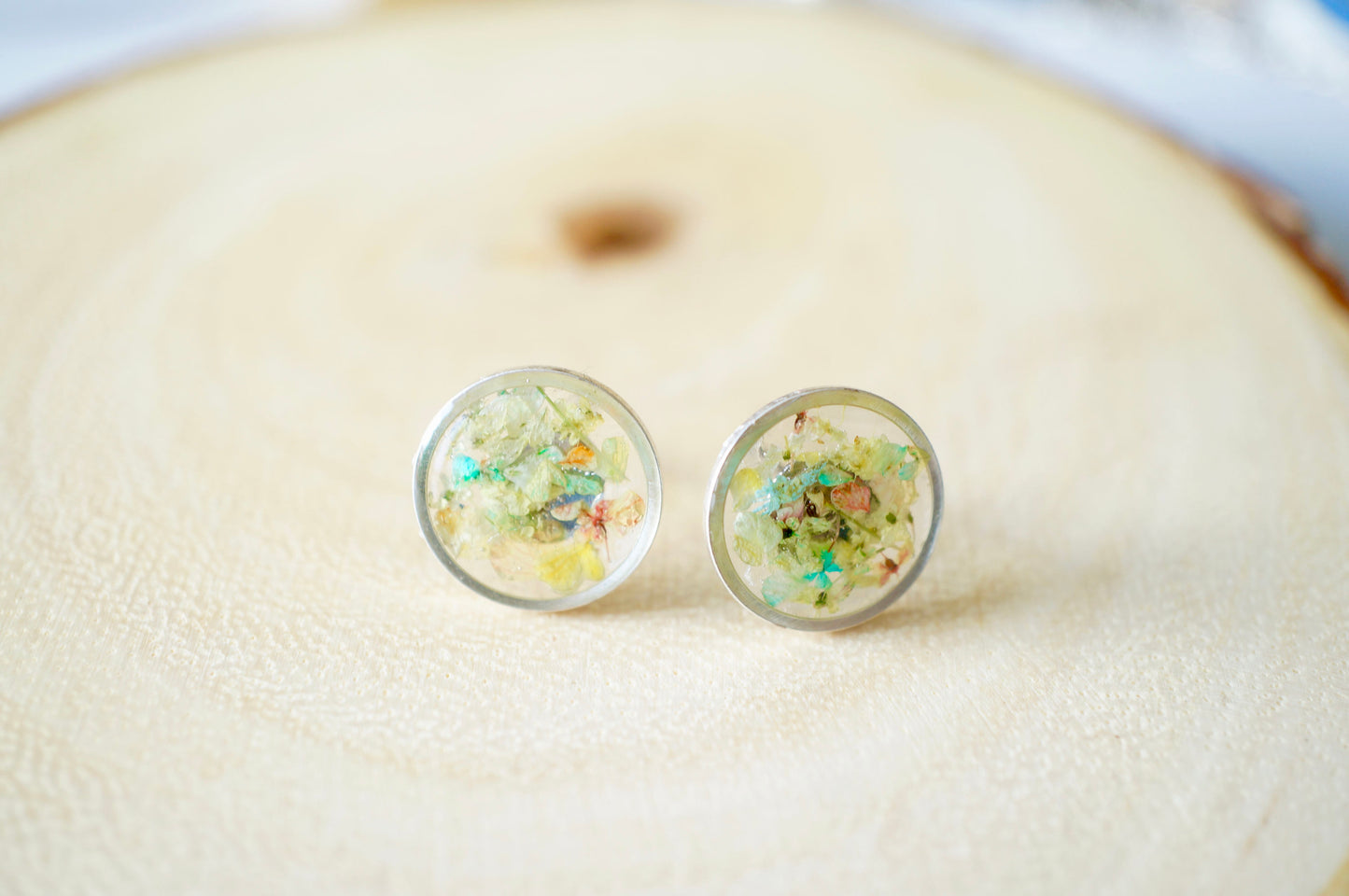 Real Dried Flowers and Resin Stud Earrings, Silver Circle in Pastel Mix