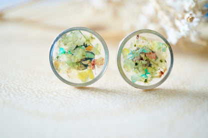 Real Dried Flowers and Resin Stud Earrings, Silver Circle in Pastel Mix