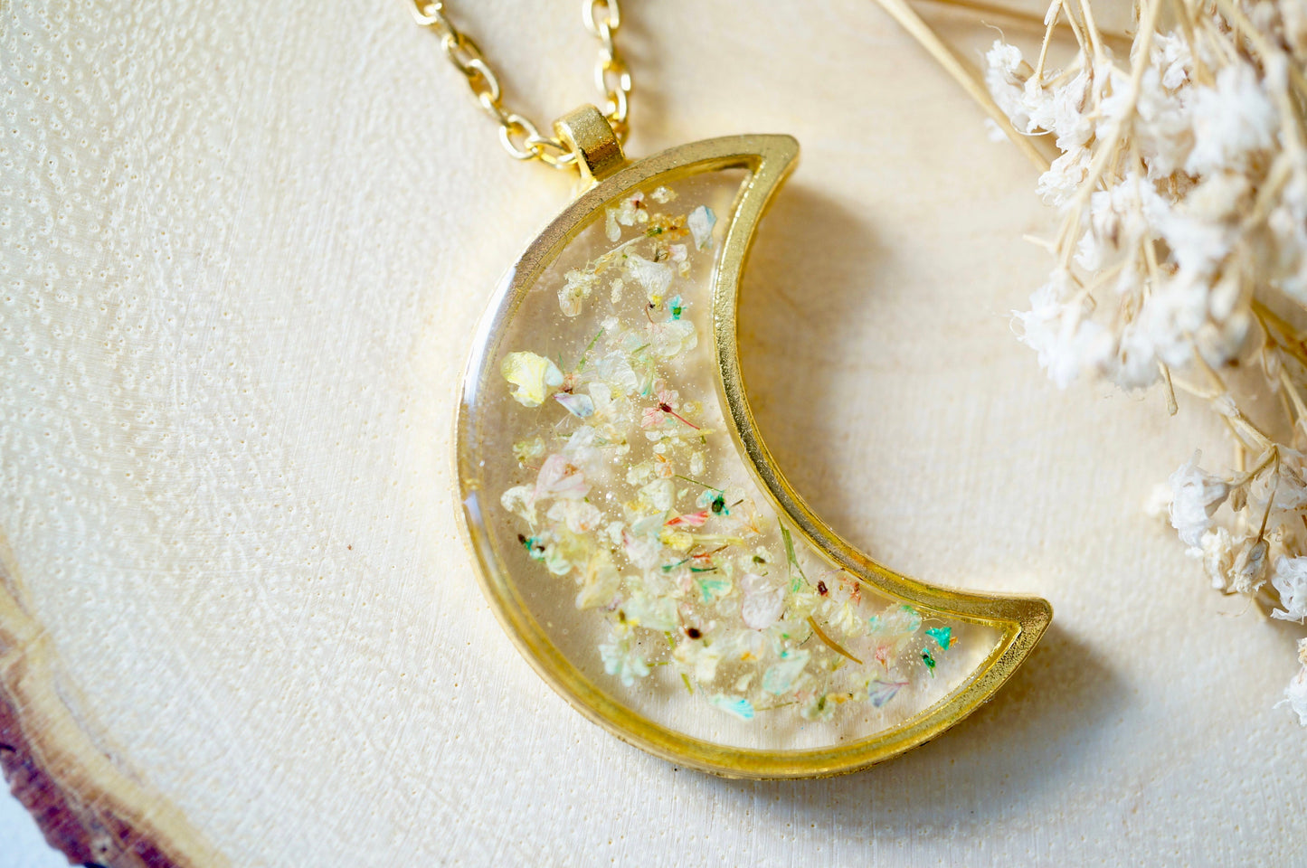 Real Pressed Flowers and Resin Necklace, Celestial Gold Moon Necklace in Pastel Mix