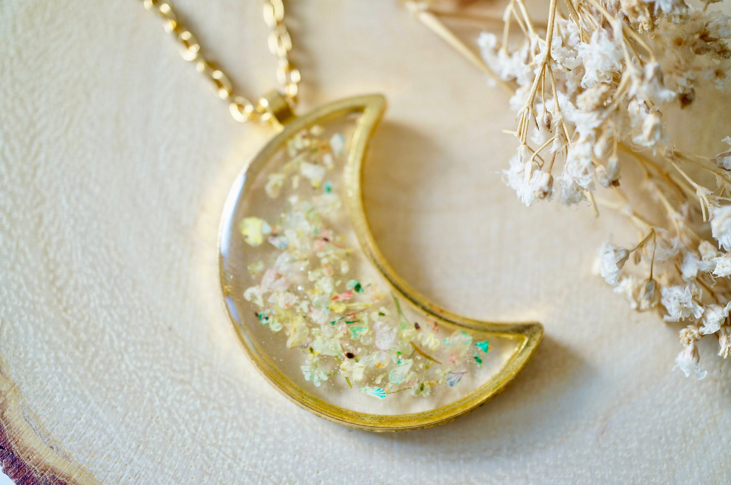 Real Pressed Flowers and Resin Necklace, Celestial Gold Moon Necklace in Pastel Mix