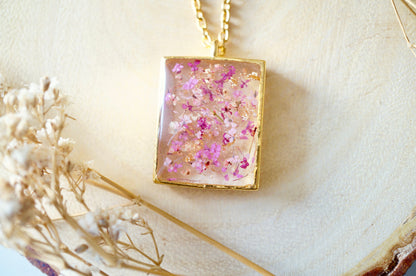 Real Dried Flowers in Resin Necklace, Gold Rectangle in Pink Mix