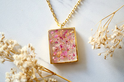 Real Dried Flowers in Resin Necklace, Gold Rectangle in Pink Mix