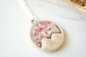 Real Dried Flowers in Resin, Silver Mountain Necklace in Pink and White