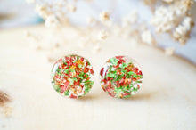 Real Dried Flowers and Resin Circle Stud Earrings in Red and Green - Christmas Gift