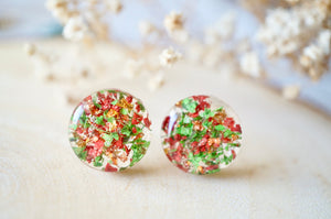 Real Dried Flowers and Resin Circle Stud Earrings in Red and Green - Christmas Gift