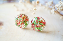 Real Dried Flowers and Resin Circle Stud Earrings in Red and Green - Christmas Gift