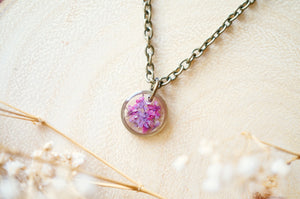Real Dried Flowers in Resin Necklace, Small Bronze Circle in Pinks and Purple