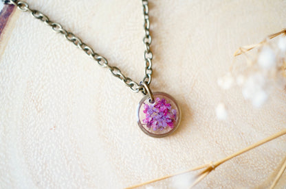 Real Dried Flowers in Resin Necklace, Small Bronze Circle in Pinks and Purple