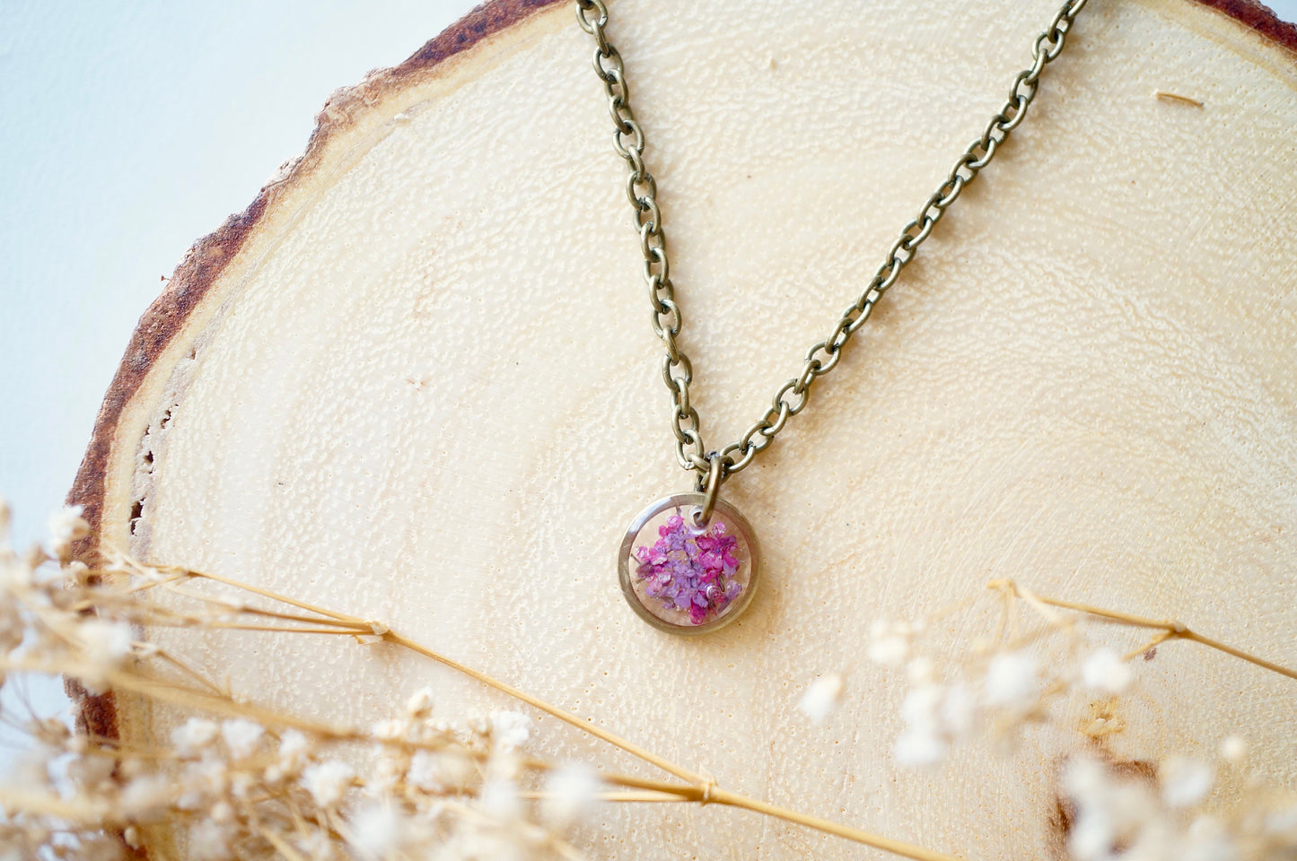 Real Dried Flowers in Resin Necklace, Small Bronze Circle in Pinks and Purple