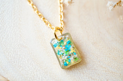 Real Dried Flowers in Resin Necklace, Small Gold Rectangle in Blue Green White Yellow