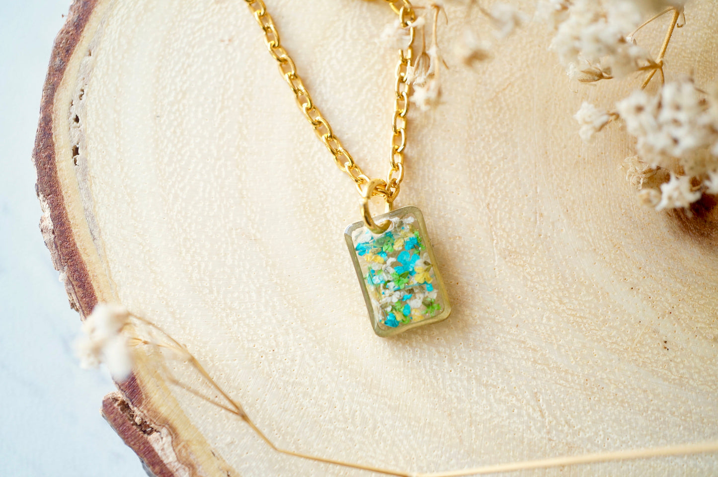 Real Dried Flowers in Resin Necklace, Small Gold Rectangle in Blue Green White Yellow