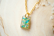 Real Dried Flowers in Resin Necklace, Small Gold Rectangle in Blue Green White Yellow