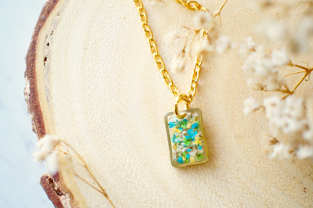 Real Pressed Flowers in Resin Necklace, Small Gold Rectangle in Blue Green White Yellow