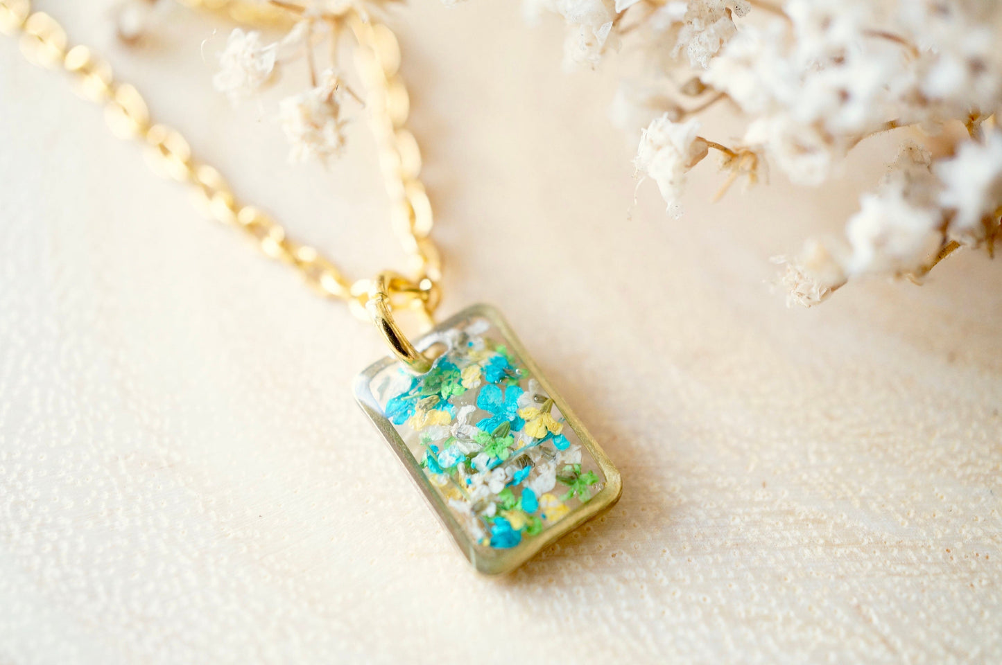 Real Pressed Flowers in Resin Necklace, Small Gold Rectangle in Blue Green White Yellow