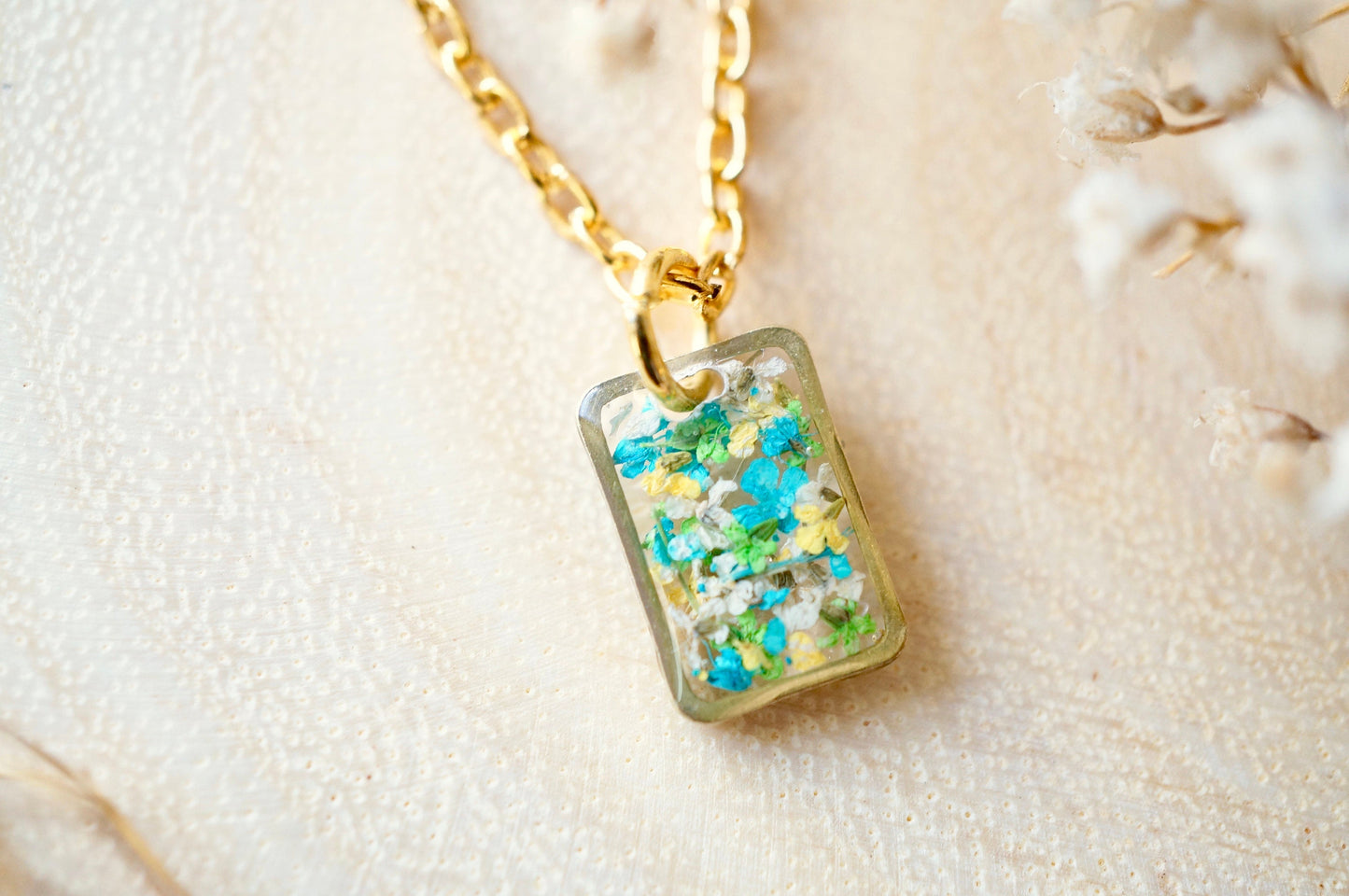 Real Pressed Flowers in Resin Necklace, Small Gold Rectangle in Blue Green White Yellow