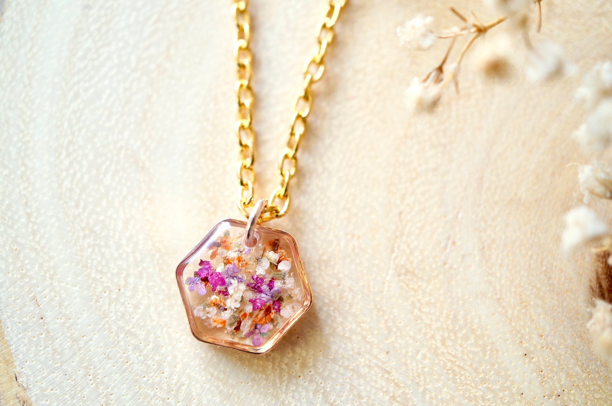 Real Dried Flowers in Resin Necklace, Small Silver Half Circle in Pink Orange Mix 28