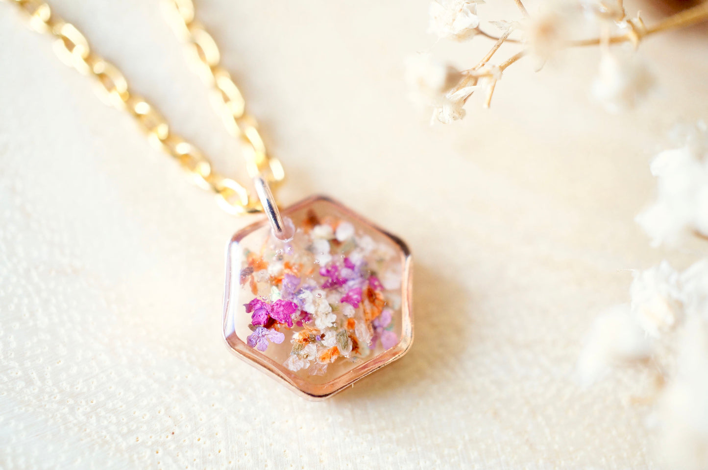 Real Dried Flowers in Resin Necklace, Small Rose Gold Hexagon in Purple Pink Orange White